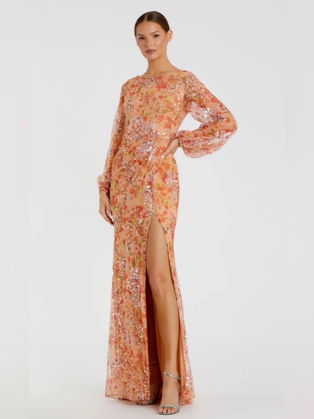 Mac Duggal Peach Sequin Floral Evening Gown With Long Sheer Sleeves